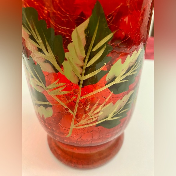 Vintage Red Crackle Glass Hurricane Vase Hand Painted Christmas Poinsettias 6” - Picture 2 of 12